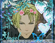 a picture of a man with flowers in his hair and the name angel on the bottom
