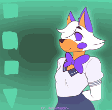 a drawing of a fox with a purple bow tie and the words oh hello master below it