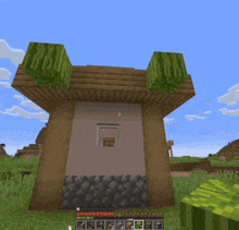 a screenshot of a minecraft game shows a building with a roof and a window