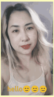 a woman taking a selfie with the words hello written below her