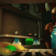 a woman in a helmet stands in front of bottles