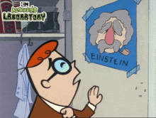 a cartoon of dexter from the dexter 's laboratory looking at a poster of einstein