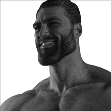a shirtless man with a beard is smiling