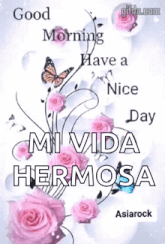 a picture of pink roses and butterflies with the words good morning have a nice day mi vida hermosa .