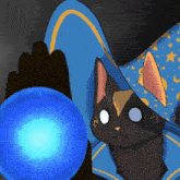 a cartoon cat wearing a blue hat holds a blue ball