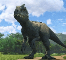 a dinosaur is standing on top of a grass covered field .