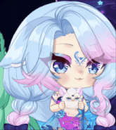 a girl with white hair is holding a furby