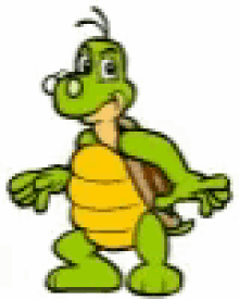 a green and yellow cartoon turtle with glasses and a brown shell is standing on a white background .