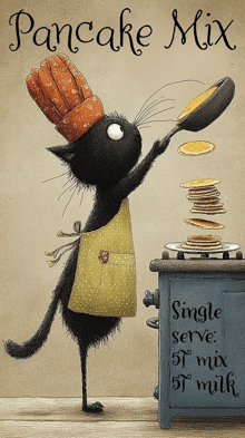 an illustration of a black cat cooking pancakes with the words pancake mix written above it