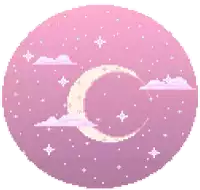 a pixel art illustration of a pink sky with a crescent moon , clouds , and stars .