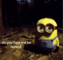 a picture of a minion with a caption that says " do you hate me be honest "