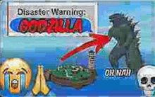 a picture of a disaster warning sign with a picture of a monster and a skeleton .