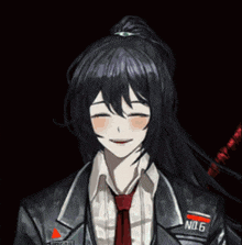 a girl with long black hair and a name tag that says no 6 on it