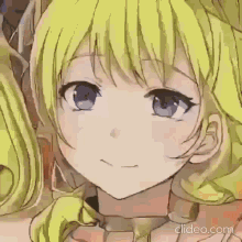 a close up of a anime girl with blonde hair and blue eyes smiling .