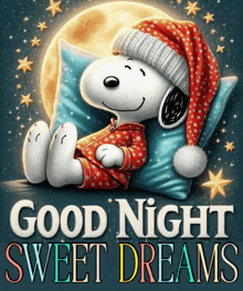 a poster of snoopy laying on a pillow with the words good night sweet dreams