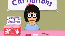 a cartoon character is sitting at a table with a box for donations and a sign that says carnations