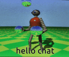 a video game character says hello chat while standing on a checkered field