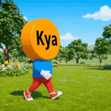 a cartoon character with the word kya on his head walks through a field