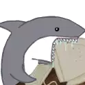 a cartoon of a shark eating a computer monitor