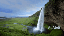 a waterfall is surrounded by greenery and the name aliabdi is on the bottom left