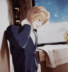 a man in a suit is leaning against a wall looking out a window