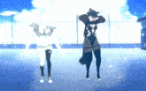 two anime characters are dancing together and one has the letter x on her shirt