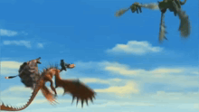 a couple of dragons flying in the sky with a blue sky behind them