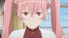 a pink haired anime girl with red eyes looks angry