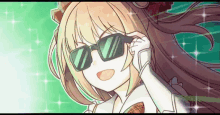 a cartoon girl wearing sunglasses is smiling and looking at the camera