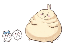 a cartoon drawing of a very fat rabbit standing next to two small rabbits .