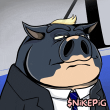 a cartoon drawing of a pig in a suit and tie with the words $ nikepig below it