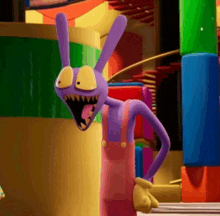 a purple cartoon character is standing in a colorful room with its mouth open .
