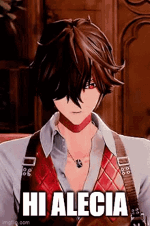 a close up of a video game character with the words `` hi alecia '' written on the bottom .