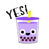 a cup of purple bubble tea with a yellow straw and the words yes written on it .