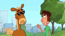 a cartoon of a man pointing at a horse with the nick logo on the bottom right