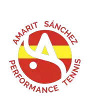 a logo for amarit sanchez performance tennis with a red and yellow circle