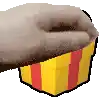 a pixel art of a person holding a yellow and red gift box .