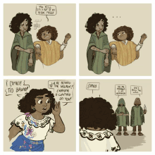 a cartoon shows a woman talking to a man named camilo and a man named tio bruno