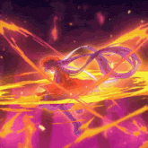a girl in a red dress is surrounded by purple and yellow flames