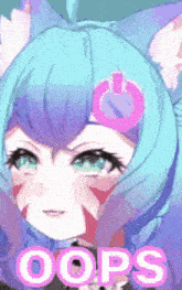 a close up of a cartoon girl with the word oops on the bottom right