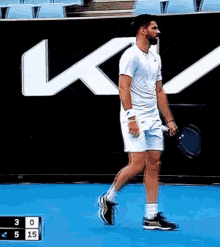 a man is holding a tennis racquet on a tennis court