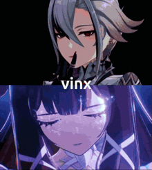 two anime characters are next to each other with the words vinx above them