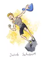 a drawing of jakob schubert with a blue object in his hand