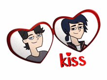 a couple of hearts with the word kiss in red