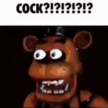 a close up of a teddy bear with a hat on and the words `` cock ? ''