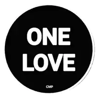 a black circle with the words one love written in white