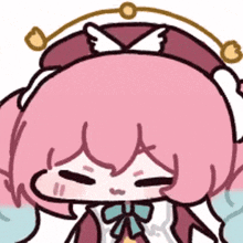 a close up of a cartoon character with pink hair and wings .