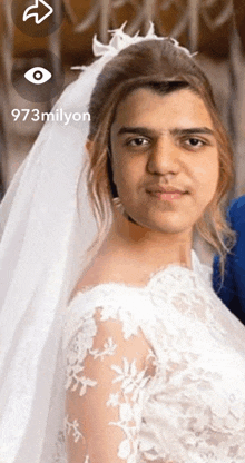 a man in a bride 's dress stands next to a woman with 973milyon written on the bottom