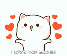 a cartoon cat is surrounded by hearts and says i love you more !