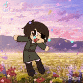 a cartoon character is dancing in a field of flowers with stars falling around her